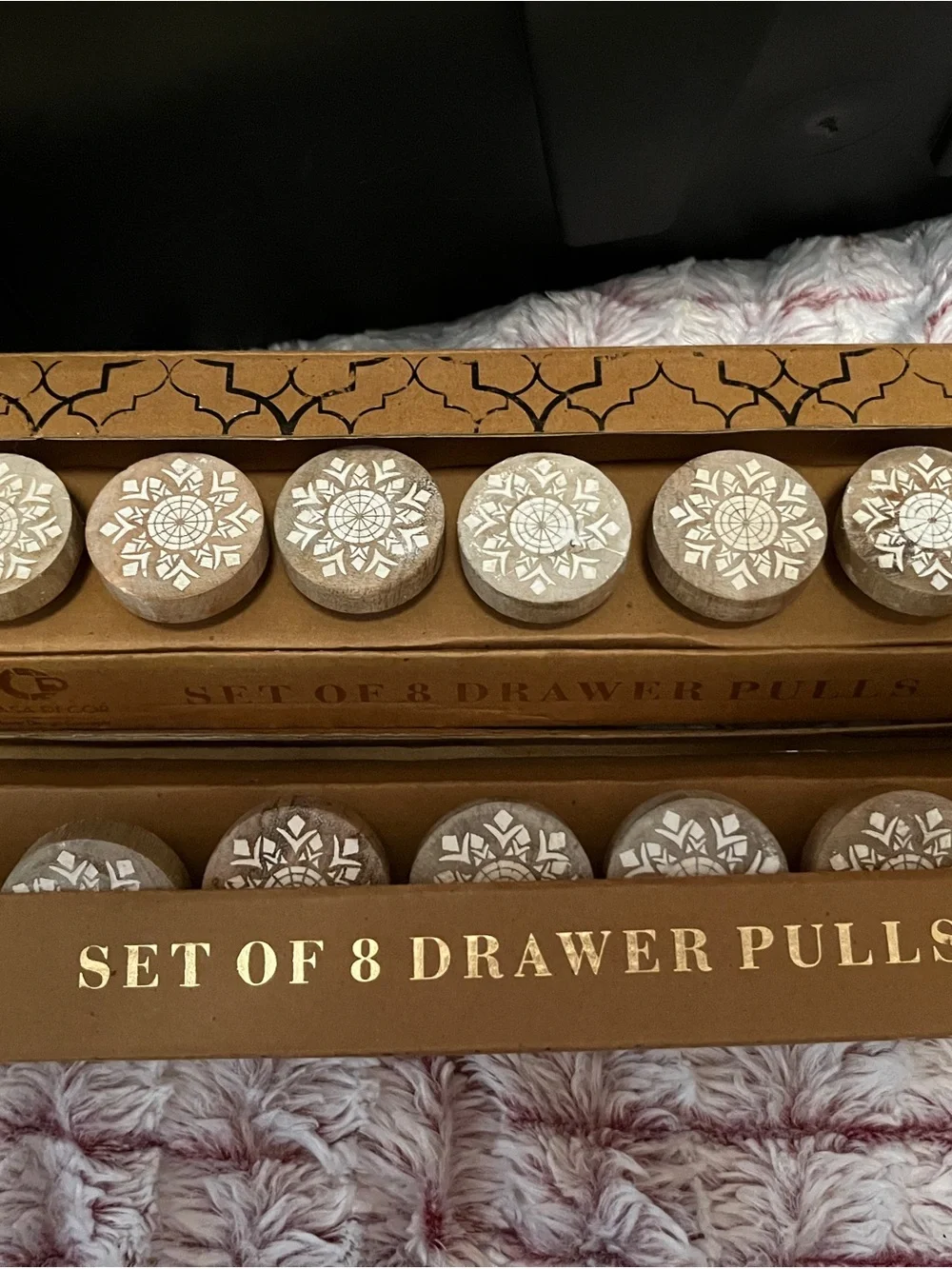 Handcrafted Wooden Drawer Knobs with White Mandala Inlay 14